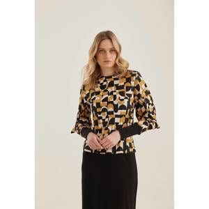 NEW BEAT geometric patterned long sleeve top in black/beige